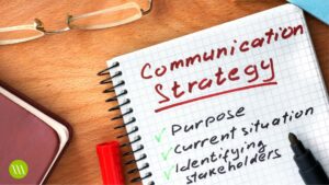 Notebook that reads Communications Strategies: purpose, current situation, identifying stakeholders